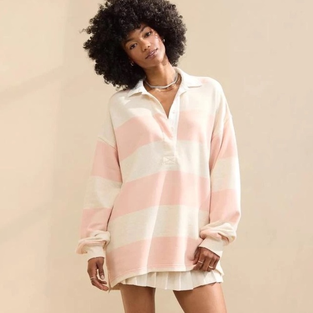 aerie Pink and Cream Striped Rugby Sweatshirt